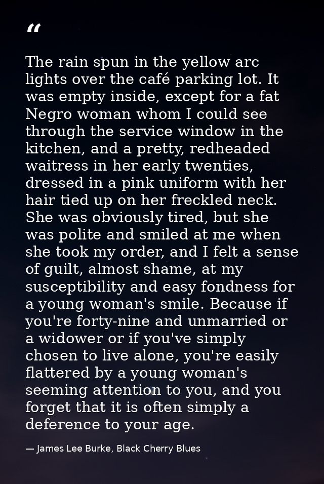 The rain spun in the yellow arc lights over the café parking lot. It was empty inside, except for a fat Negro woman whom — James Lee Burke, Black Cherry Blues