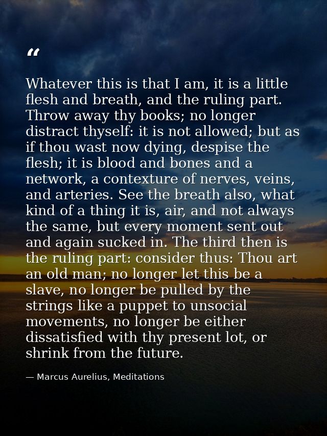 Whatever this is that I am, it is a little flesh and breath, and the ruling part. Throw away thy books; no longer distra — Marcus Aurelius, Meditations