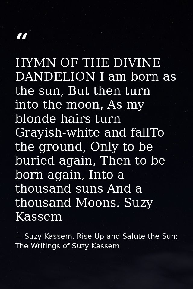 HYMN OF THE DIVINE DANDELION I am born as the sun, But then turn into the moon, As my blonde hairs turn Grayish-white an — Suzy Kassem, Rise Up and Salute the Sun: The Writings of Suzy Kassem