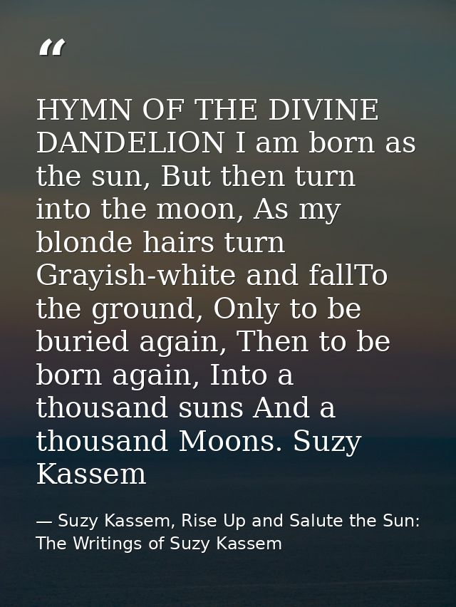HYMN OF THE DIVINE DANDELION I am born as the sun, But then turn into the moon, As my blonde hairs turn Grayish-white an — Suzy Kassem, Rise Up and Salute the Sun: The Writings of Suzy Kassem