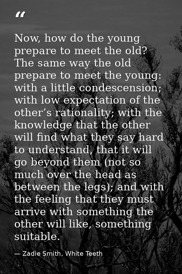Now, how do the young prepare to meet the old? The same way the old prepare to meet the young: with a little condescensi — Zadie Smith, White Teeth