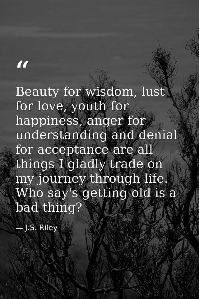 Beauty for wisdom, lust for love, youth for happiness, anger for understanding and denial for acceptance are all things  — J.S. Riley