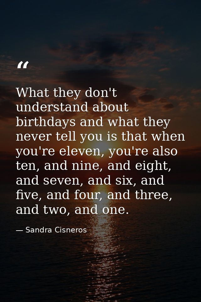 What they don't understand about birthdays and what they never tell you is that when you're eleven, you're also ten, and — Sandra Cisneros