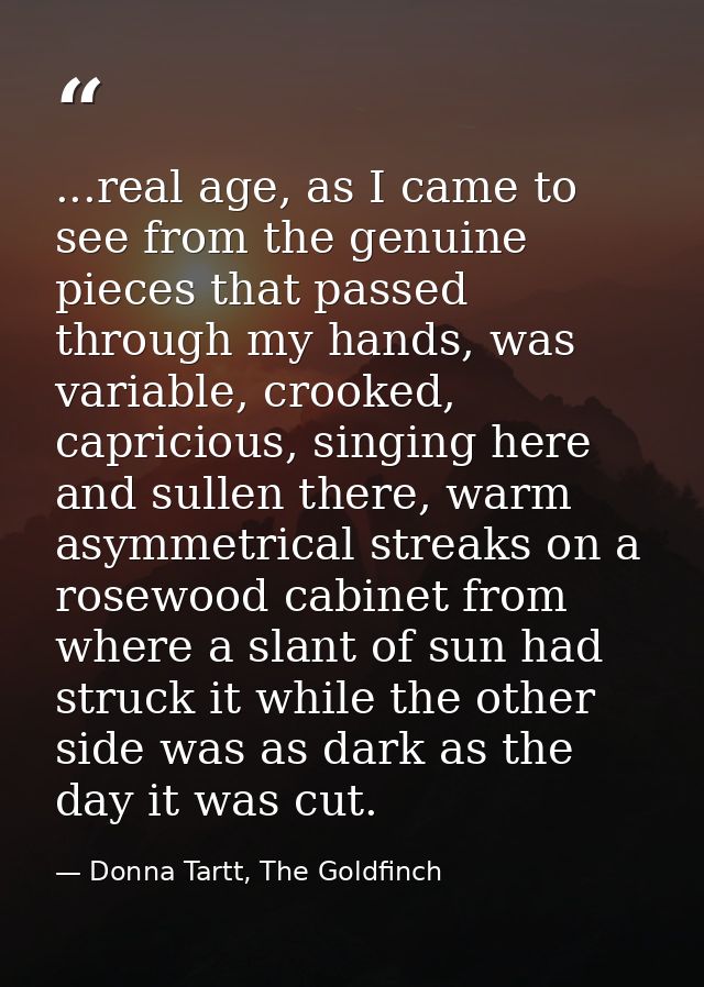 ...real age, as I came to see from the genuine pieces that passed through my hands, was variable, crooked, capricious, s — Donna Tartt, The Goldfinch