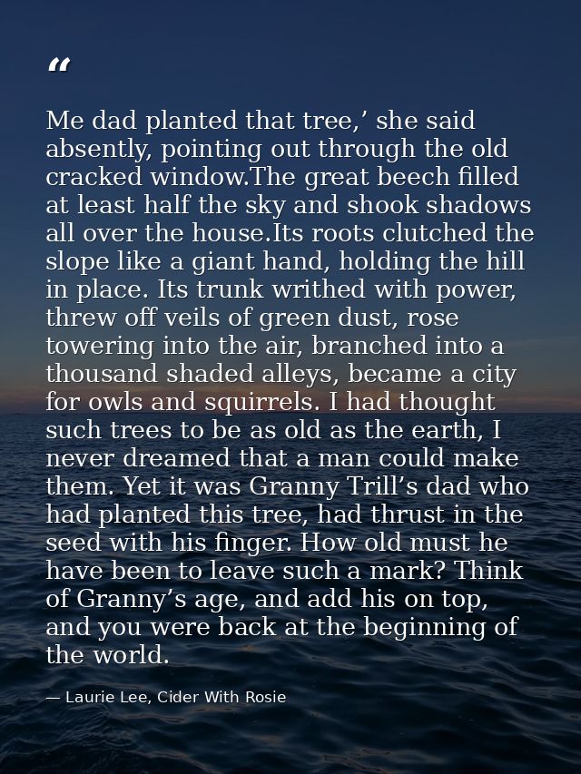 Me dad planted that tree,’ she said absently, pointing out through the old cracked window.The great beech filled at leas — Laurie Lee, Cider With Rosie
