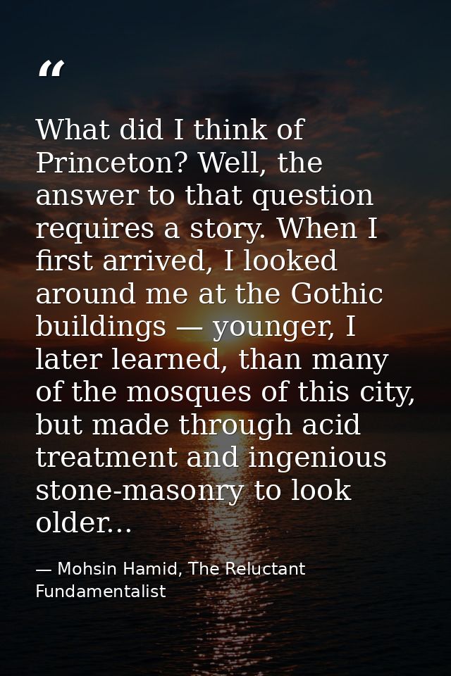 What did I think of Princeton? Well, the answer to that question requires a story. When I first arrived, I looked around — Mohsin Hamid, The Reluctant Fundamentalist