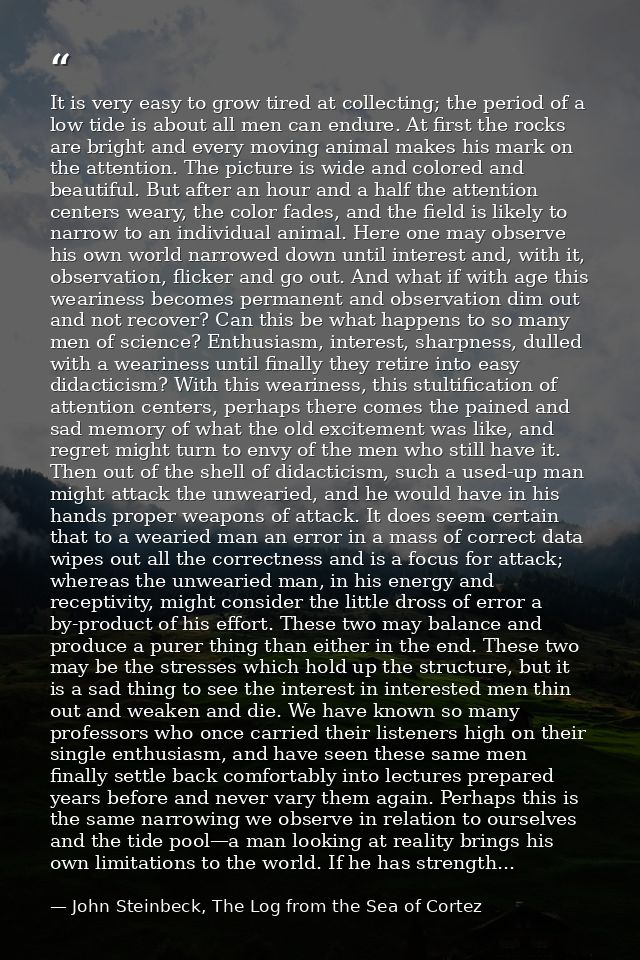It is very easy to grow tired at collecting; the period of a low tide is about all men can endure. At first the rocks ar — John Steinbeck, The Log from the Sea of Cortez