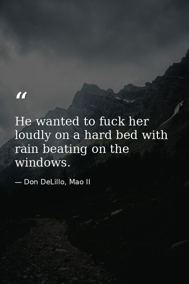 He wanted to fuck her loudly on a hard bed with rain beating on the windows. — Don DeLillo, Mao II