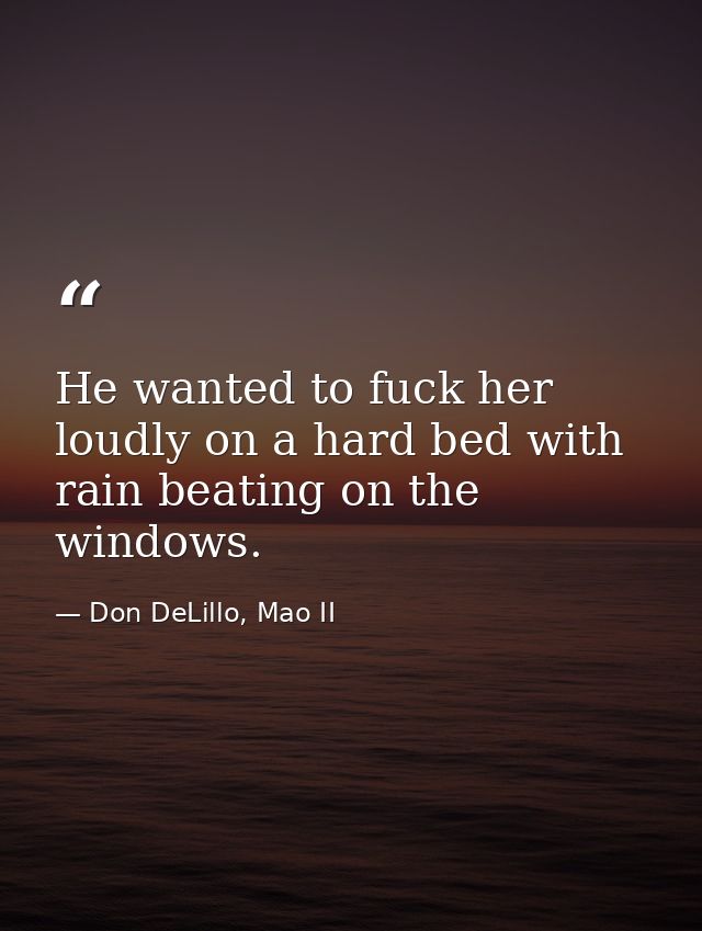 He wanted to fuck her loudly on a hard bed with rain beating on the windows. — Don DeLillo, Mao II