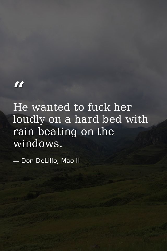 He wanted to fuck her loudly on a hard bed with rain beating on the windows. — Don DeLillo, Mao II