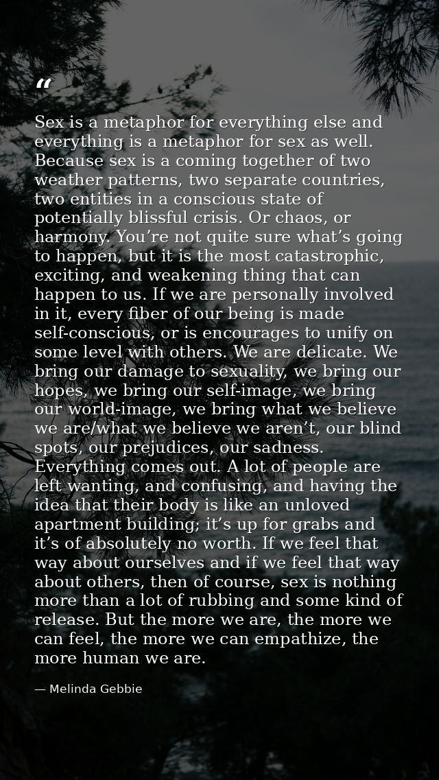 Sex is a metaphor for everything else and everything is a metaphor for sex as well. Because sex is a coming together of  — Melinda Gebbie