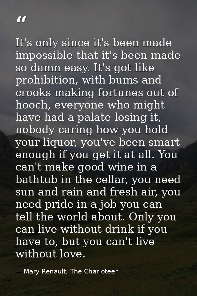 It's only since it's been made impossible that it's been made so damn easy. It's got like prohibition, with bums and cro — Mary Renault, The Charioteer