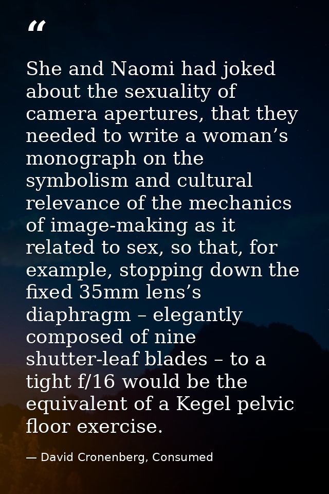 She and Naomi had joked about the sexuality of camera apertures, that they needed to write a woman’s monograph on the sy — David Cronenberg, Consumed