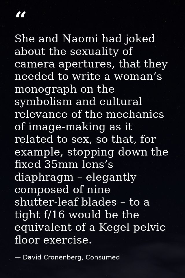 She and Naomi had joked about the sexuality of camera apertures, that they needed to write a woman’s monograph on the sy — David Cronenberg, Consumed
