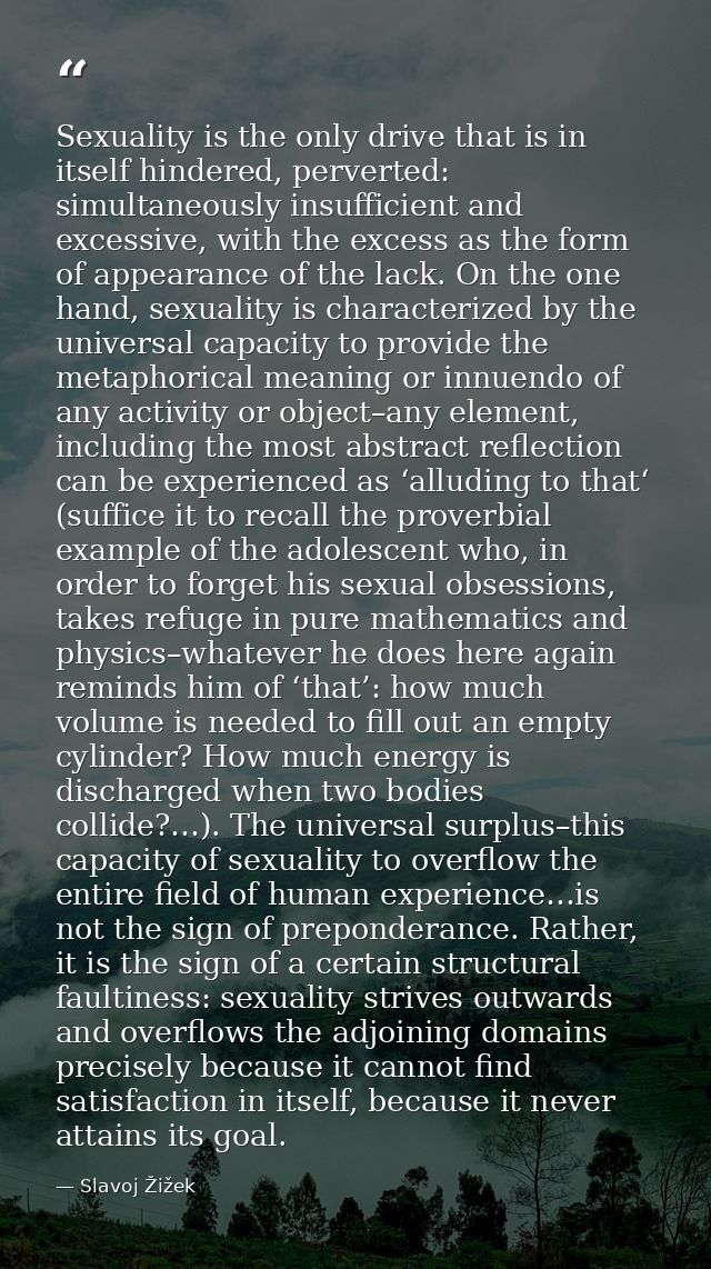 Sexuality is the only drive that is in itself hindered, perverted: simultaneously insufficient and excessive, with the e — Slavoj Žižek