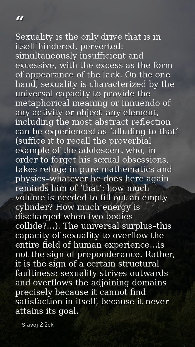Sexuality is the only drive that is in itself hindered, perverted: simultaneously insufficient and excessive, with the e — Slavoj Žižek