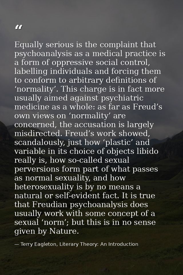 Equally serious is the complaint that psychoanalysis as a medical practice is a form of oppressive social control, label — Terry Eagleton, Literary Theory: An Introduction