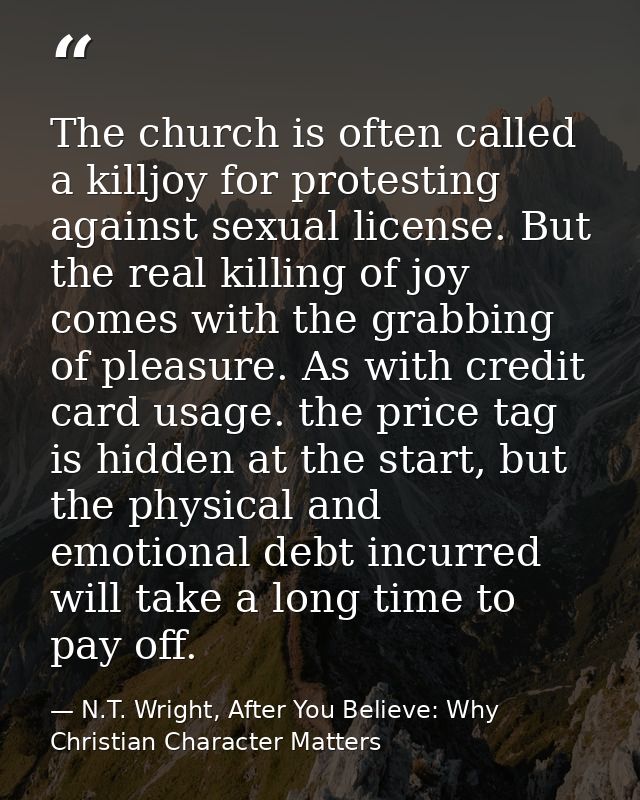 The church is often called a killjoy for protesting against sexual license. But the real killing of joy comes with the g — N.T. Wright, After You Believe: Why Christian Character Matters