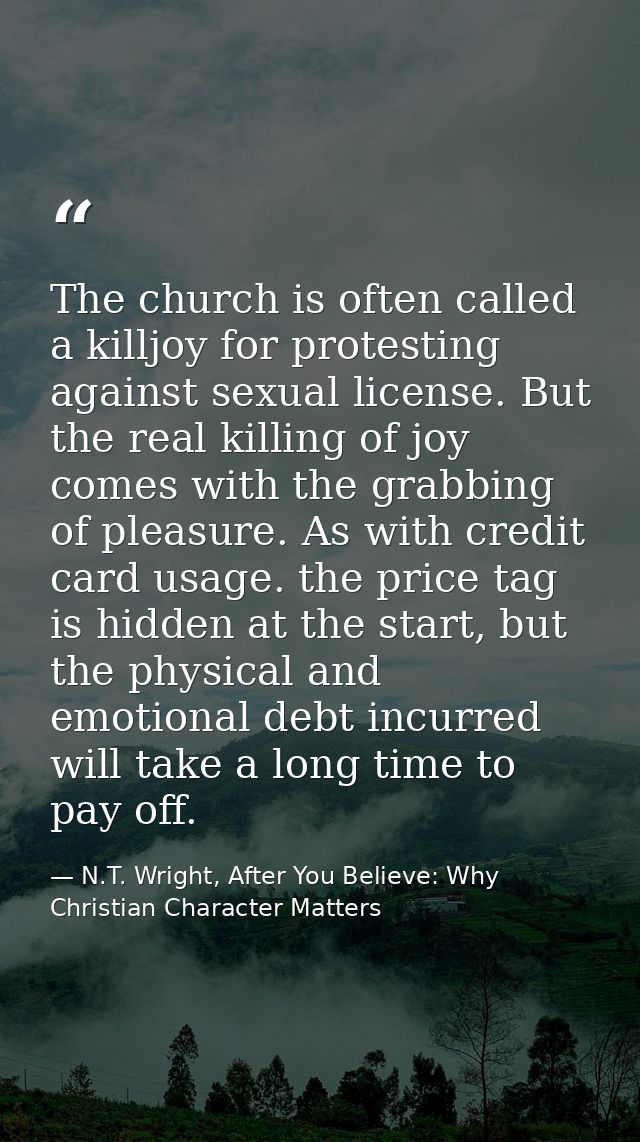 The church is often called a killjoy for protesting against sexual license. But the real killing of joy comes with the g — N.T. Wright, After You Believe: Why Christian Character Matters