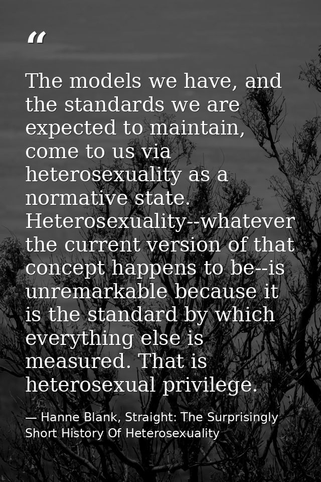 The models we have, and the standards we are expected to maintain, come to us via heterosexuality as a normative state.  — Hanne Blank, Straight: The Surprisingly Short History Of Heterosexuality