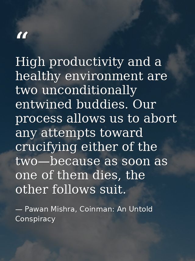 High productivity and a healthy environment are two unconditionally entwined buddies. Our process allows us to abort any — Pawan Mishra, Coinman: An Untold Conspiracy