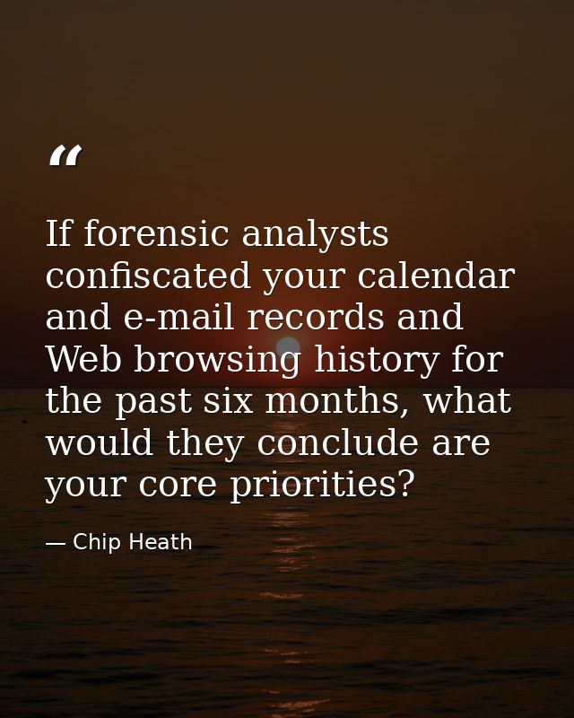 If forensic analysts confiscated your calendar and e-mail records and Web browsing history for the past six months, what — Chip Heath