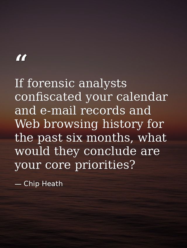 If forensic analysts confiscated your calendar and e-mail records and Web browsing history for the past six months, what — Chip Heath