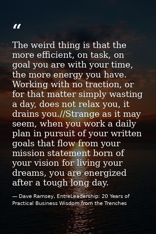 The weird thing is that the more efficient, on task, on goal you are with your time, the more energy you have. Working w — Dave Ramsey, EntreLeadership: 20 Years of Practical Business Wisdom from the Trenches