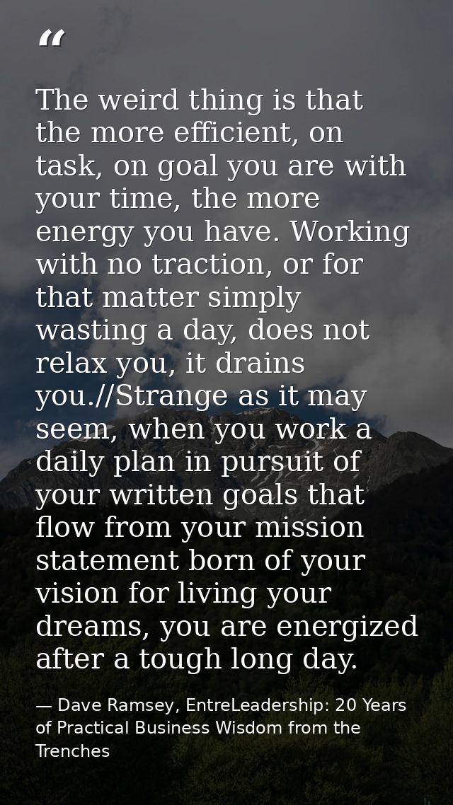 The weird thing is that the more efficient, on task, on goal you are with your time, the more energy you have. Working w — Dave Ramsey, EntreLeadership: 20 Years of Practical Business Wisdom from the Trenches