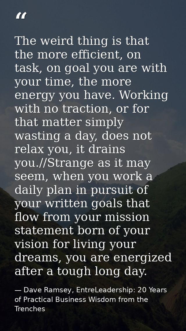 The weird thing is that the more efficient, on task, on goal you are with your time, the more energy you have. Working w — Dave Ramsey, EntreLeadership: 20 Years of Practical Business Wisdom from the Trenches