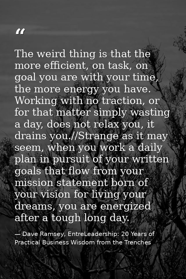 The weird thing is that the more efficient, on task, on goal you are with your time, the more energy you have. Working w — Dave Ramsey, EntreLeadership: 20 Years of Practical Business Wisdom from the Trenches