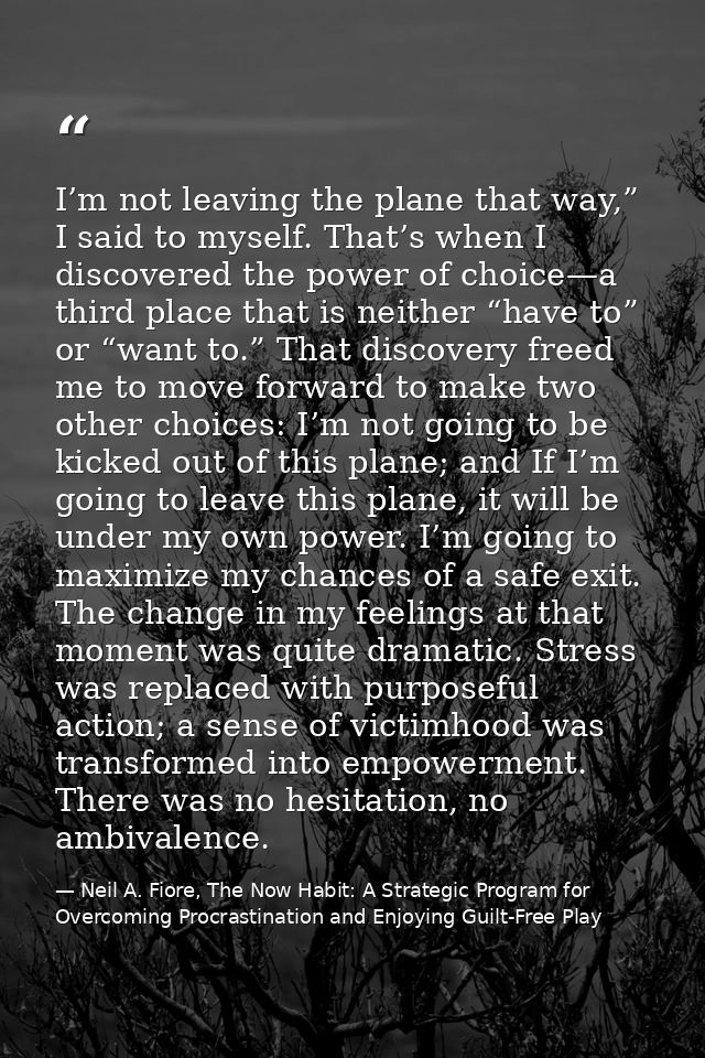 I’m not leaving the plane that way,” I said to myself. That’s when I discovered the power of choice—a third place that i — Neil A. Fiore, The Now Habit: A Strategic Program for Overcoming Procrastination and Enjoying Guilt-Free Play