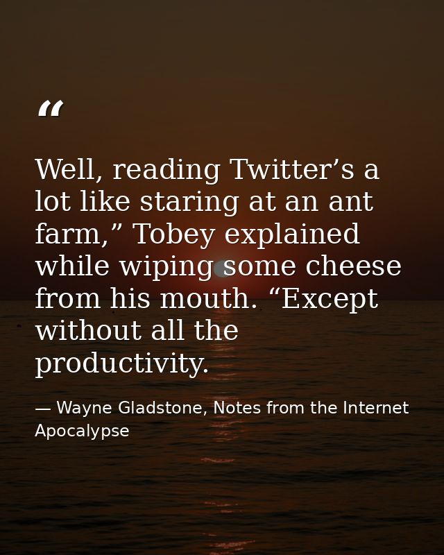 Well, reading Twitter’s a lot like staring at an ant farm,” Tobey explained while wiping some cheese from his mouth. “Ex — Wayne Gladstone, Notes from the Internet Apocalypse