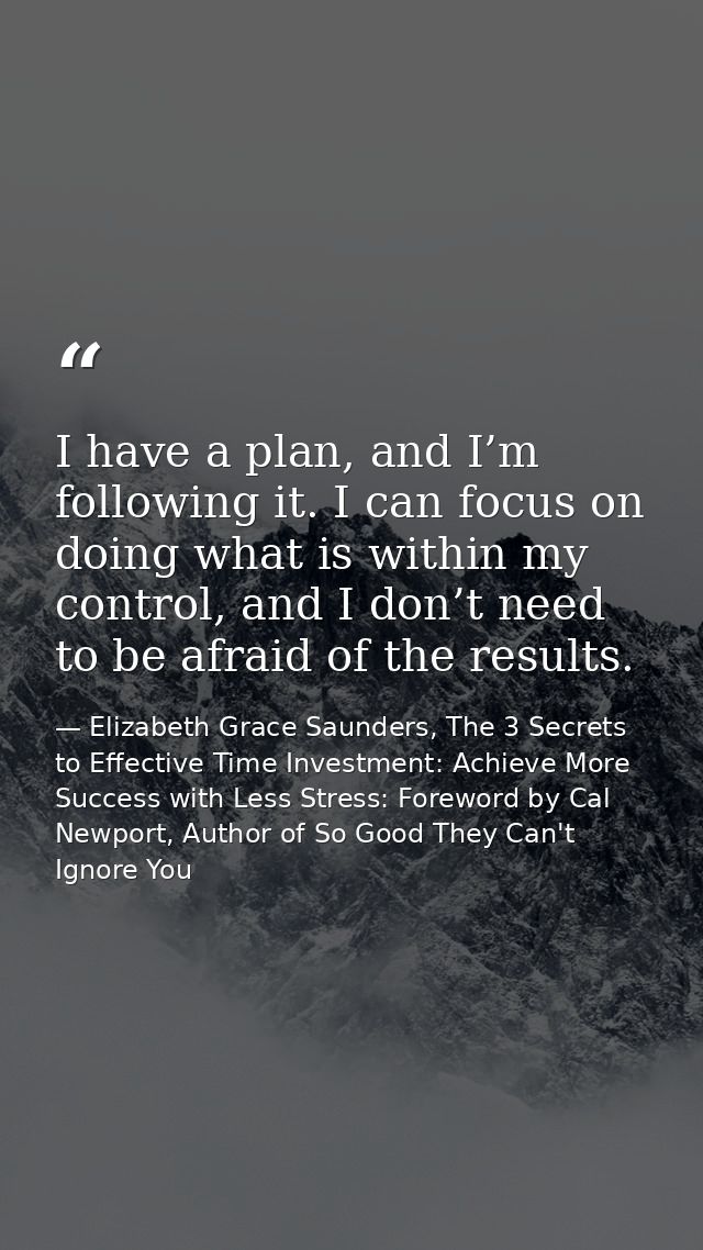 I have a plan, and I’m following it. I can focus on doing what is within my control, and I don’t need to be afraid of th — Elizabeth Grace Saunders, The 3 Secrets to Effective Time Investment: Achieve More Success with Less Stress: Foreword by Cal Newport, Author of So Good They Can't Ignore You