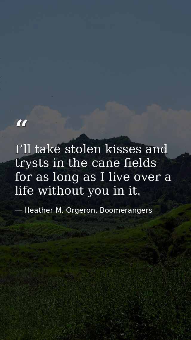 I’ll take stolen kisses and trysts in the cane fields for as long as I live over a life without you in it. — Heather M. Orgeron, Boomerangers
