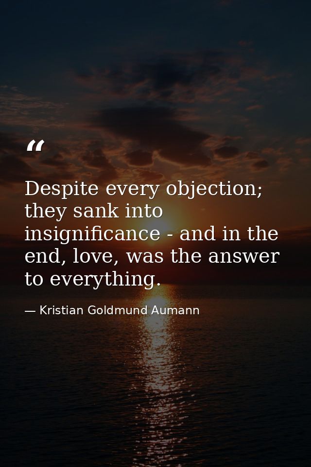 Despite every objection; they sank into insignificance - and in the end, love, was the answer to everything. — Kristian Goldmund Aumann