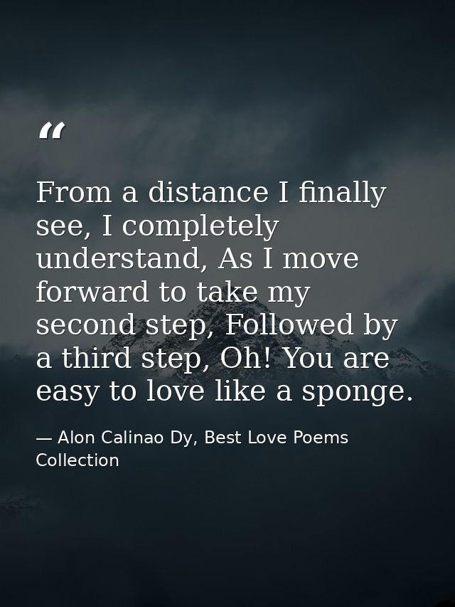 From a distance I finally see, I completely understand, As I move forward to take my second step, Followed by a third st — Alon Calinao Dy, Best Love Poems Collection