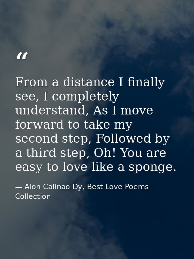 From a distance I finally see, I completely understand, As I move forward to take my second step, Followed by a third st — Alon Calinao Dy, Best Love Poems Collection