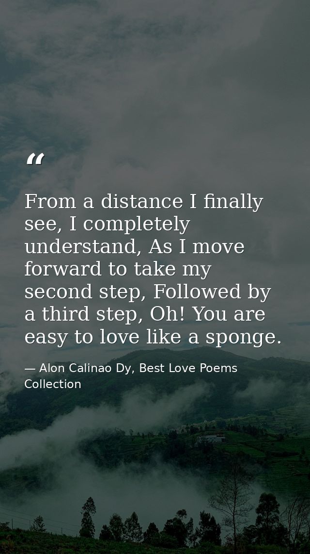From a distance I finally see, I completely understand, As I move forward to take my second step, Followed by a third st — Alon Calinao Dy, Best Love Poems Collection