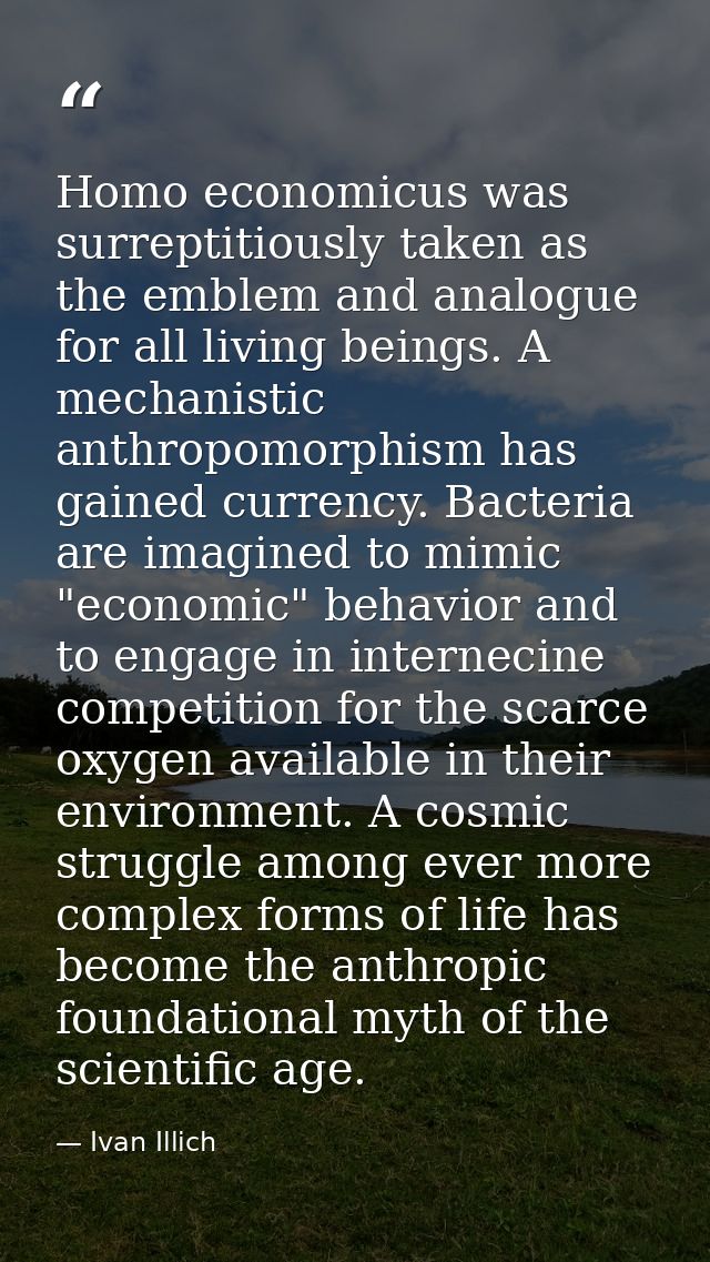 Homo economicus was surreptitiously taken as the emblem and analogue for all living beings. A mechanistic anthropomorphi — Ivan Illich