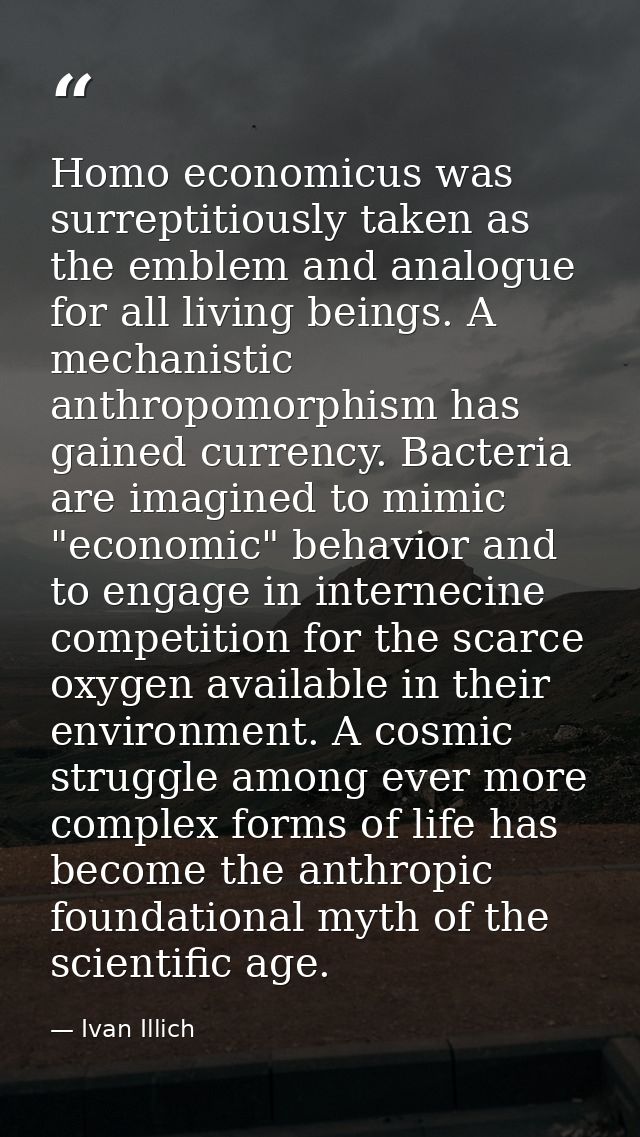 Homo economicus was surreptitiously taken as the emblem and analogue for all living beings. A mechanistic anthropomorphi — Ivan Illich