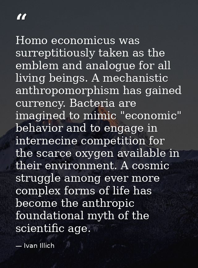 Homo economicus was surreptitiously taken as the emblem and analogue for all living beings. A mechanistic anthropomorphi — Ivan Illich