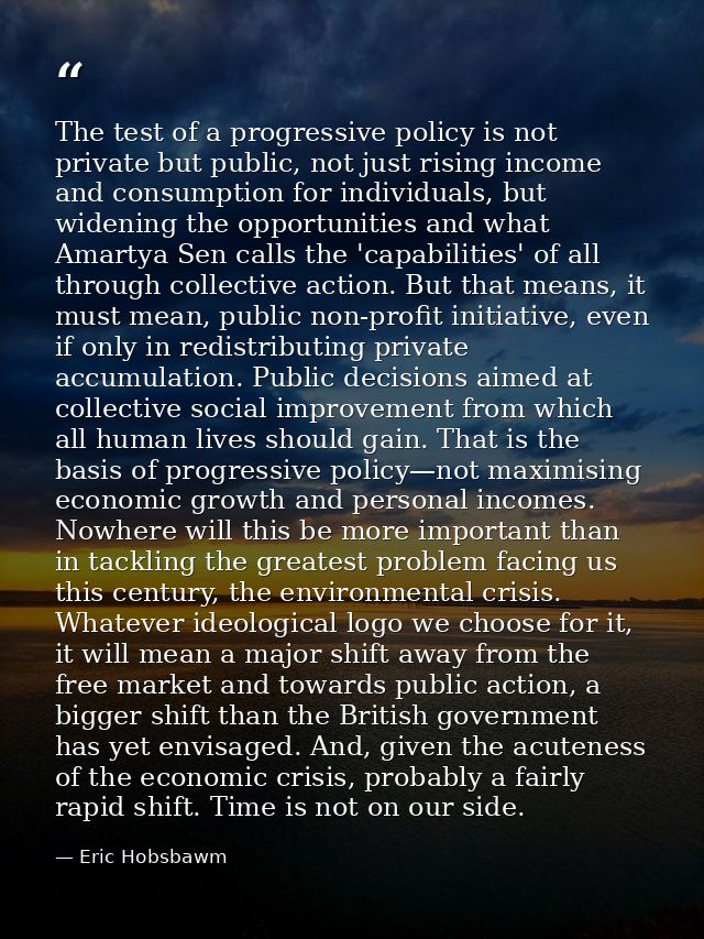 The test of a progressive policy is not private but public, not just rising income and consumption for individuals, but  — Eric Hobsbawm