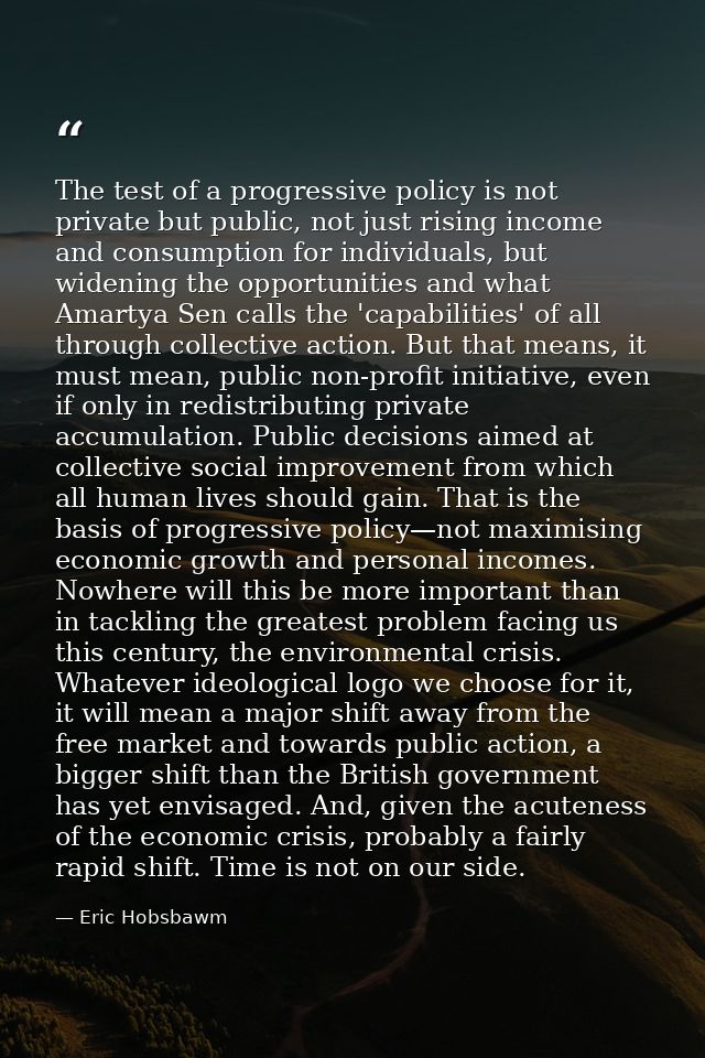 The test of a progressive policy is not private but public, not just rising income and consumption for individuals, but  — Eric Hobsbawm