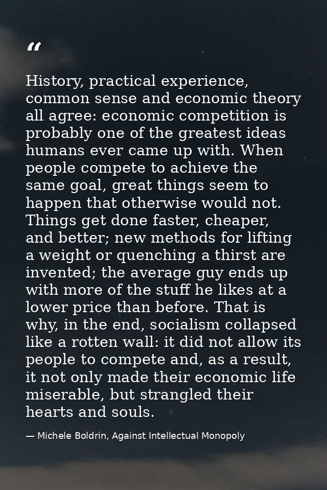 History, practical experience, common sense and economic theory all agree: economic competition is probably one of the g — Michele Boldrin, Against Intellectual Monopoly