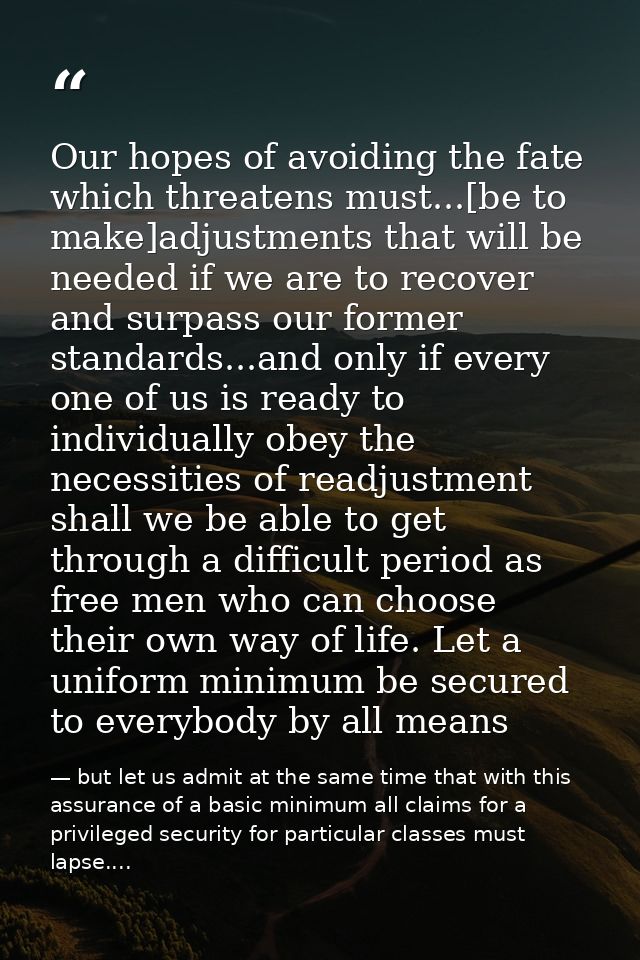 Our hopes of avoiding the fate which threatens must...[be to make]adjustments that will be needed if we are to recover a — but let us admit at the same time that with this assurance of a basic minimum all claims for a privileged security for particular classes must lapse....