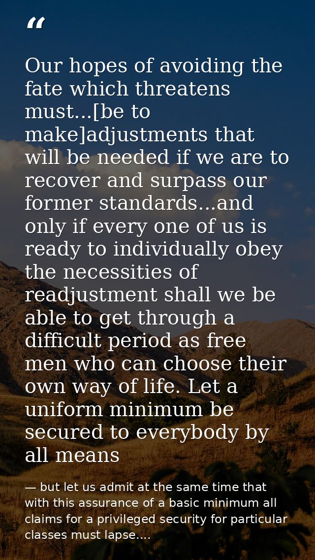 Our hopes of avoiding the fate which threatens must...[be to make]adjustments that will be needed if we are to recover a — but let us admit at the same time that with this assurance of a basic minimum all claims for a privileged security for particular classes must lapse....
