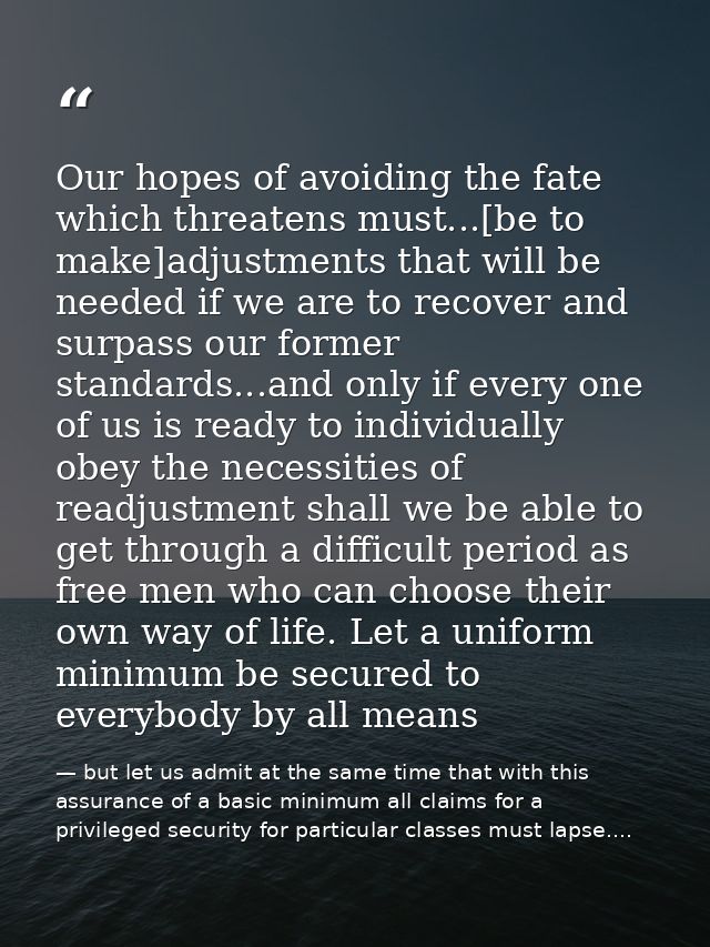 Our hopes of avoiding the fate which threatens must...[be to make]adjustments that will be needed if we are to recover a — but let us admit at the same time that with this assurance of a basic minimum all claims for a privileged security for particular classes must lapse....