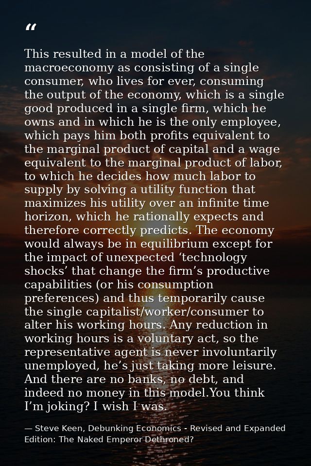 This resulted in a model of the macroeconomy as consisting of a single consumer, who lives for ever, consuming the outpu — Steve Keen, Debunking Economics - Revised and Expanded Edition: The Naked Emperor Dethroned?