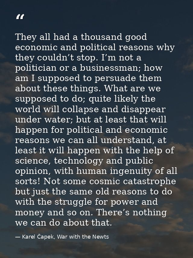 They all had a thousand good economic and political reasons why they couldn’t stop. I’m not a politician or a businessma — Karel Čapek, War with the Newts